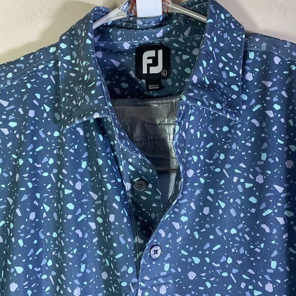 Footjoy FJ Polo Mens Large  Shirt Blue Stripe Golf Paint Splatter Casual PGA - Picture 1 of 12